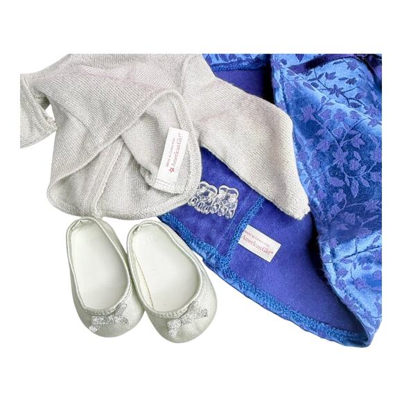 American Girl Sapphire Party Outfit Blue Dress Silver Shoes Sweater Hair Clips - Picture 4 of 11